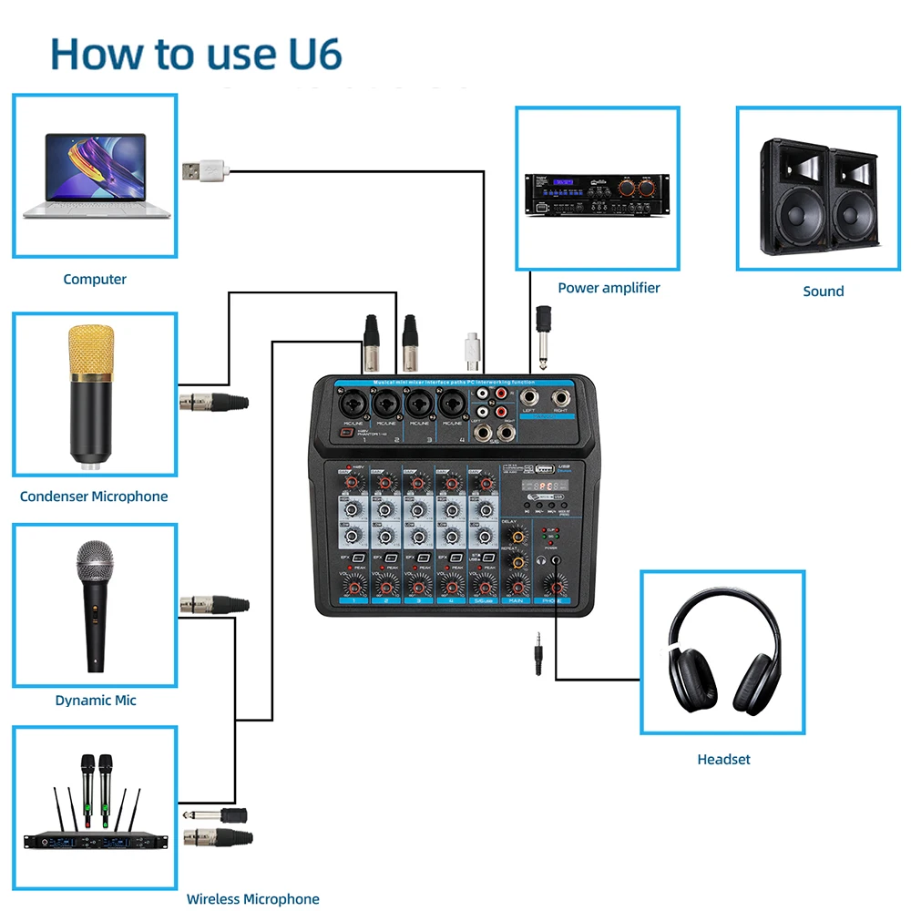 خلاط صوت استوديو مباشر ، وحدة تحكم خلط صوت دي جي ، مكبر صوت بلوتوث USB ، 6 قنوات