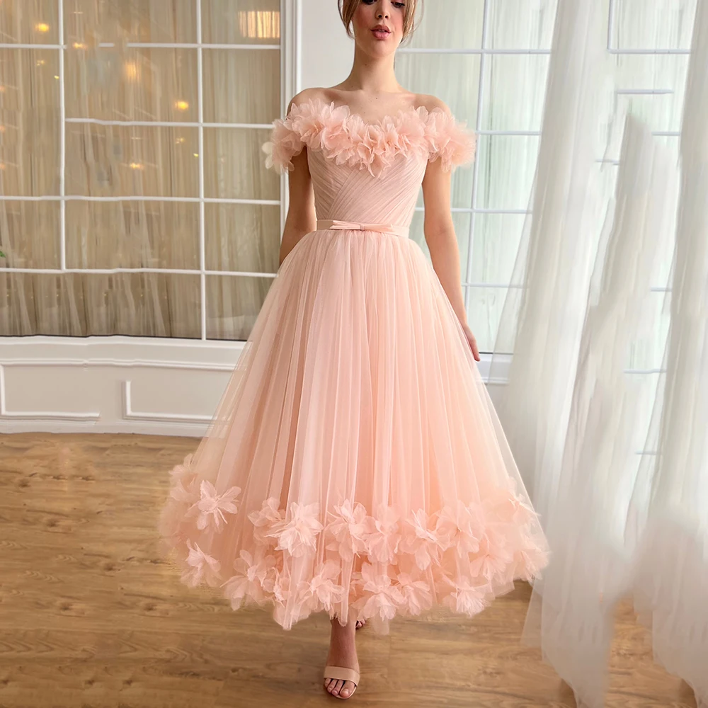 

Floral Homecoming Dress A-line Soft Tulle Blush Pink Prom Party Dresses Vestido de Curto Flowers Birthday Gown