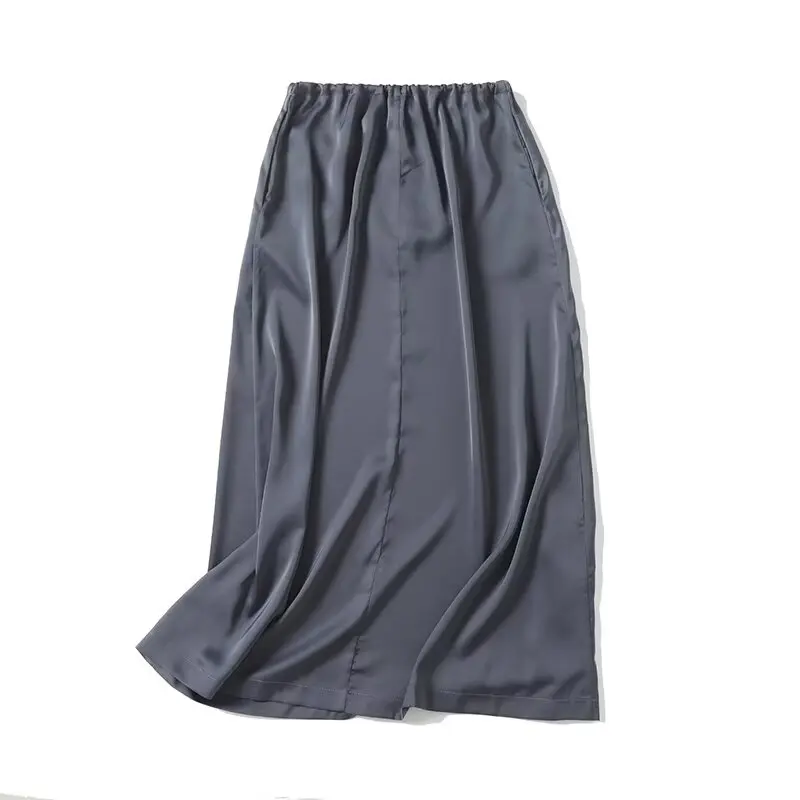 Maxdutti Viscose Drawstring Skirt Women Color Fashion Elegant Satin Minimalism Ladies Dark Grey Midi Skirt Women