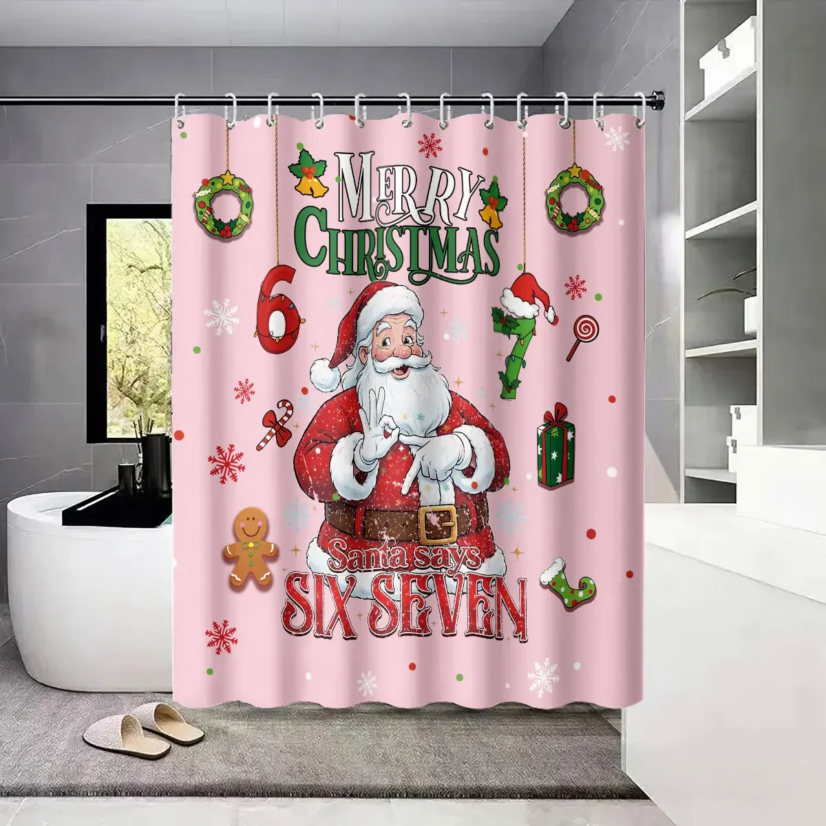 

GAE1pc Pink Santa Claus 67 Element Printed Waterproof Shower Curtain Partition Privacy Hanging Curtain with 12 Hooks Multiple