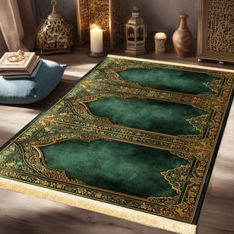 3 Person Luxury Green Gold Islamic Prayer Rug Triple Arch Floral Border Tassel Group Muslim Prayer Mat Non Slip Large Worship Ca