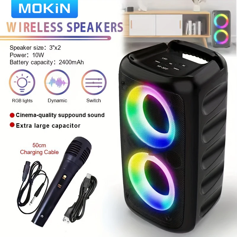 MOKiN Wireless Speaker,RGB Light Outdoor Audio System,Subwoofer,Wired microphone-dual speakers,2400mAh battery,TWS/FM,Tf card