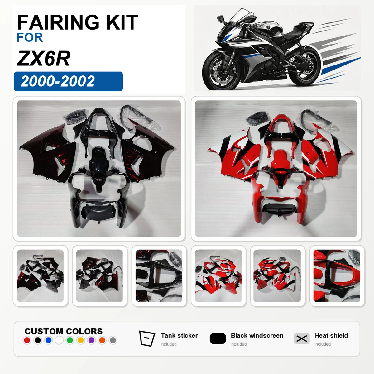 For ZX6R 2000 2001 2002 Sportbike Fairing Kit Injection Molded ABS Motorcycle Fairings Bodywork Cowling Red Flame
