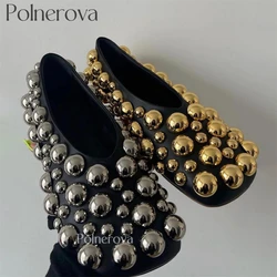 Ballerine asimmetriche con perline a bolle metalliche Ballerine morbide in pelle nera Stile designer Scarpe basse in pelle da donna con punta quadrata personalizzabili