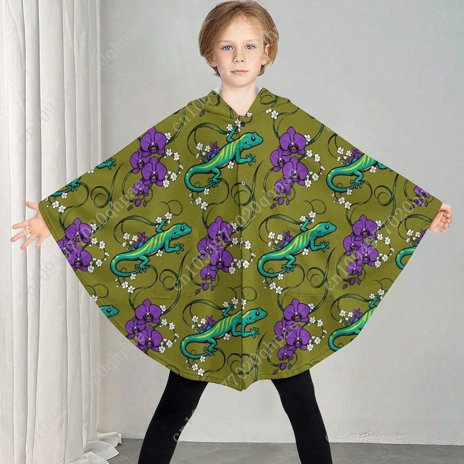 Cozy Flannel Blanket Sweater,Lizard Orchid Flower Oversized Hoodie With Pockets For Kids And Teenagers