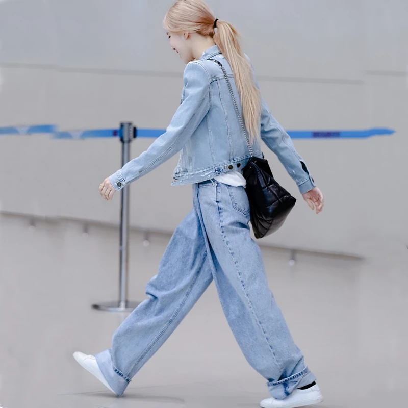 Kpop Girl Group ROSE Casual High Waist Women Baggy Jeans 2023 Fashion Straight Wide Leg Pants Vintage Loose Blue Denim Trousers