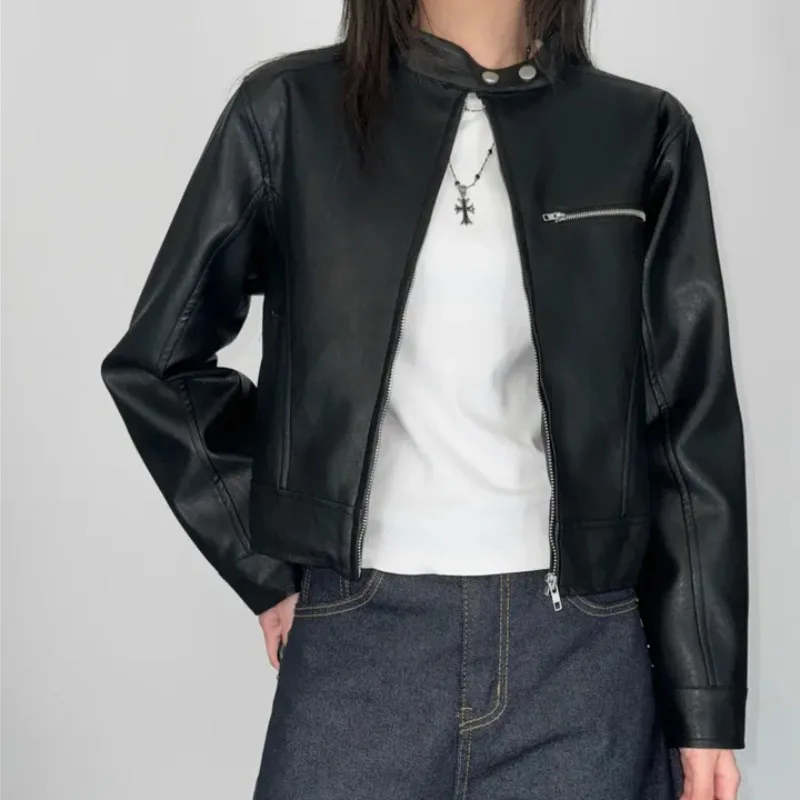 Femmes Chic Design rétro Faionable col montant moto longue Sve Baseball Jaet vêtements supérieurs coréen Sle trajet...