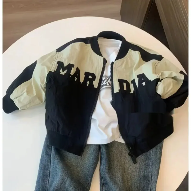 2025 Spring Fall Children Casual Patchwork Jackets Clothes Boy Embroidery Letter Zipper Coats Girls Preppy Windbreaker Outerwear