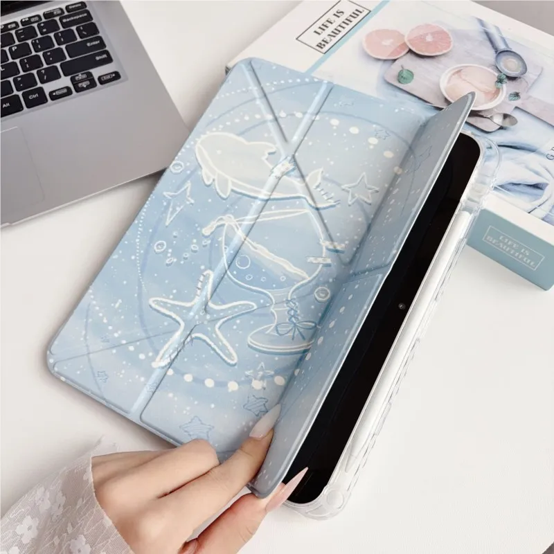 Minimalist Healing Sea Ocean Tablet Case Whale Trifold Stand for iPad 7th 8th 9th 10th Gen Air 4 5 2019 10.2 10.5 10.9inch Case