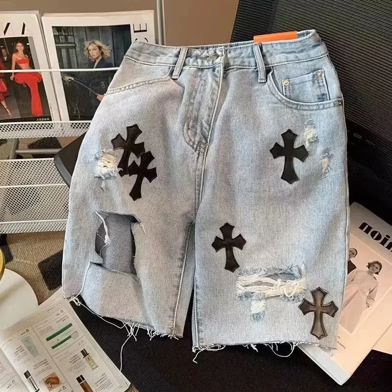 Cross Hole Ragged Edge Denim Shorts Casual Capris Washed Wide Leg 5 Points Shorts Summer High Waist Loose Y2k Street Short Pant