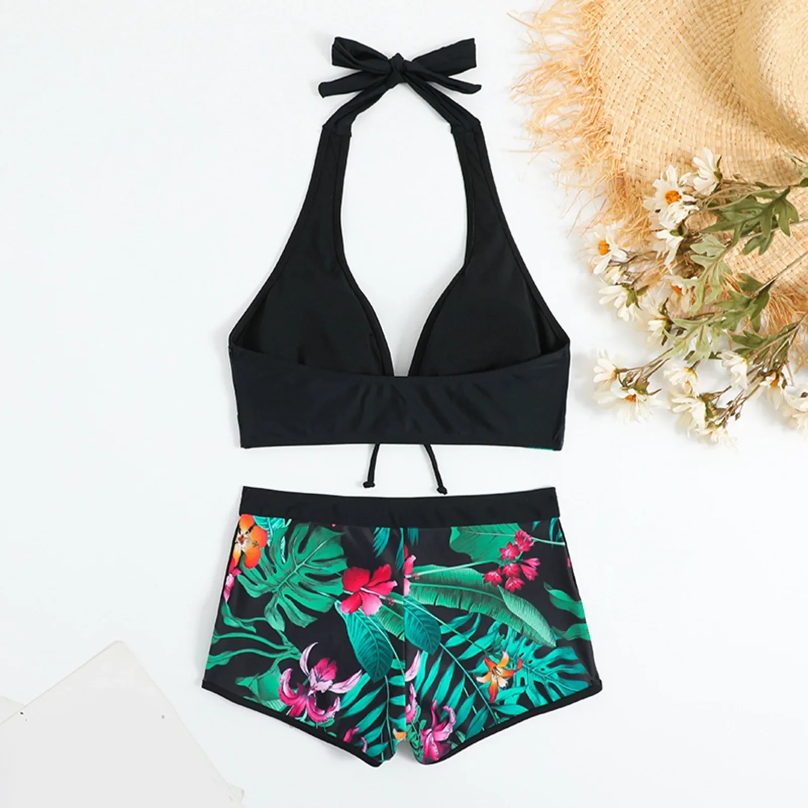 Bikini con stampa tropicale costume da bagno donna a due pezzi pantaloncini da donna Halter costumi da bagno a due pezzi Tankinis Set Summer Beach Wear Swimming