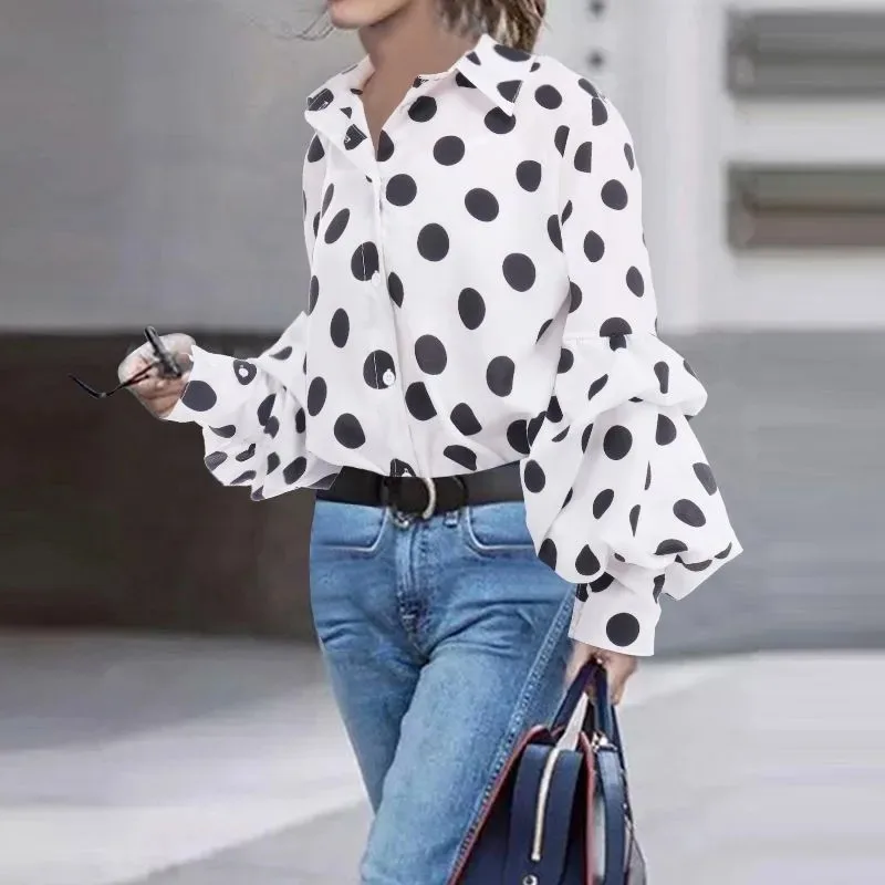 Elegant Autumn Office Lady Shirt Fashion Polo-neck Polka Dot Long Sleeve Blouse Casual Loose Tops Women\'s Clothes Blusas 18308