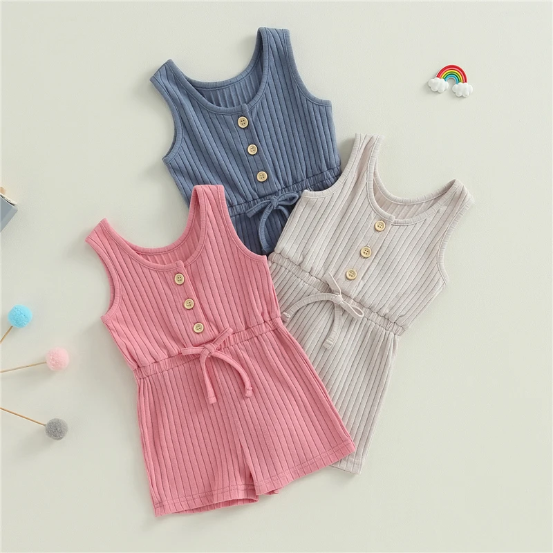 Baby Kid Girls Boys Ribbed Jumpsuit Playsuit Solid Color Sleeveless Romper Shorts for Toddler Summer Clothes