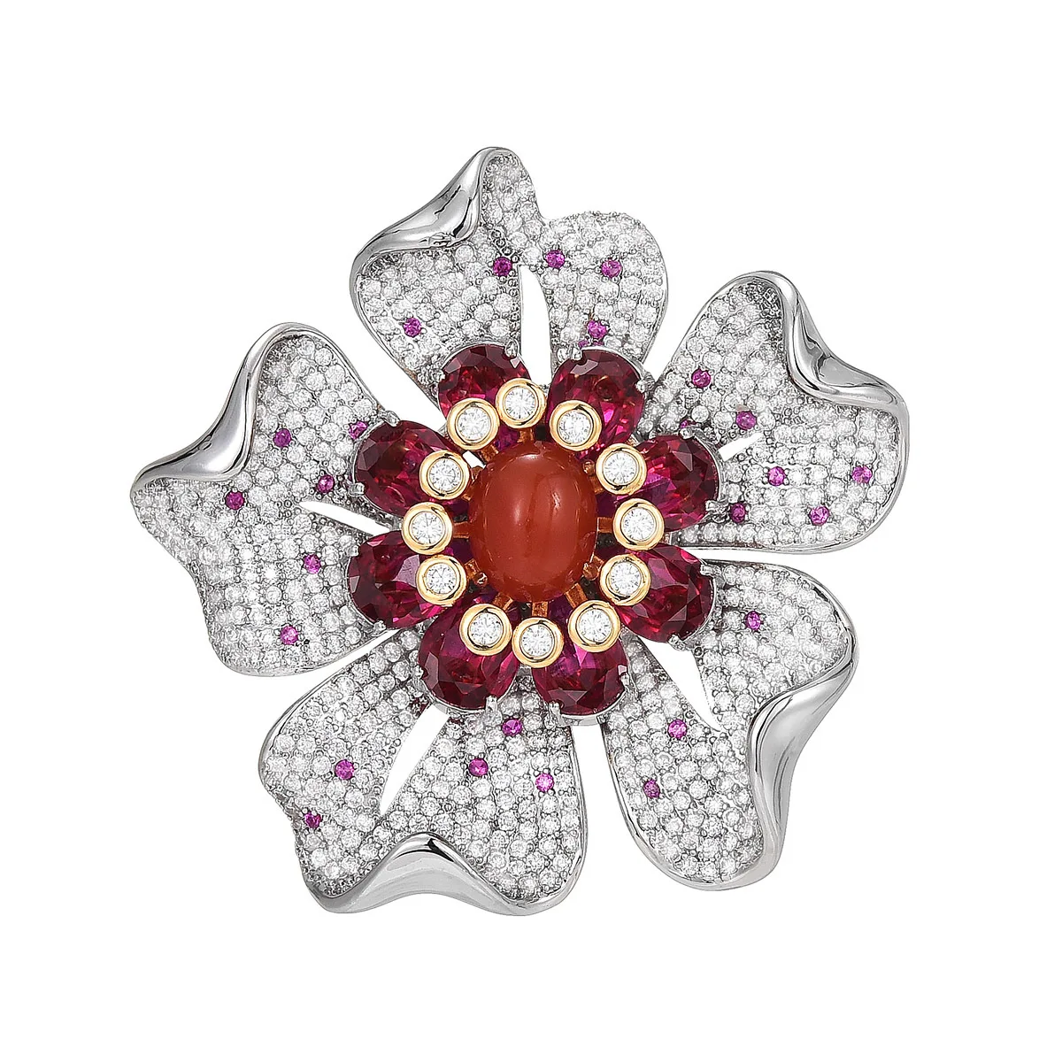 Fashion Brass Flower Brooches with Cubic Zirconia Clothing Accessories