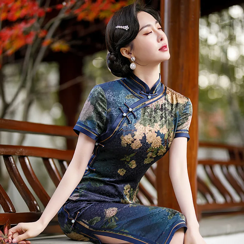 Quality Real Silk Cheongsam Qipao Women's Cheongsam Qipao Dress Mid-Length Chinese Dress