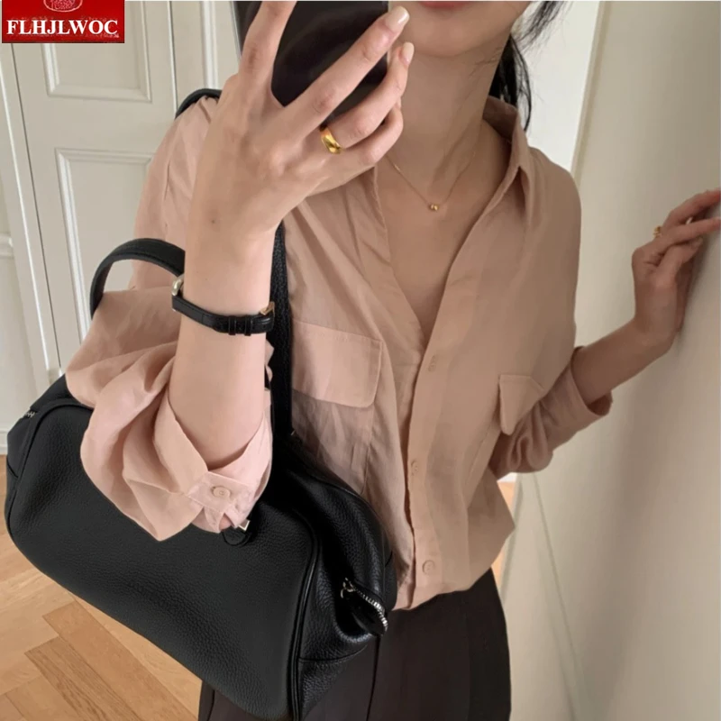Chic Korea Tops Blouses 2026 Woman Casual Long Sleeve Button Down Work Elegant Commuter Shirt Pockets Loose Fit Outdoor Tops