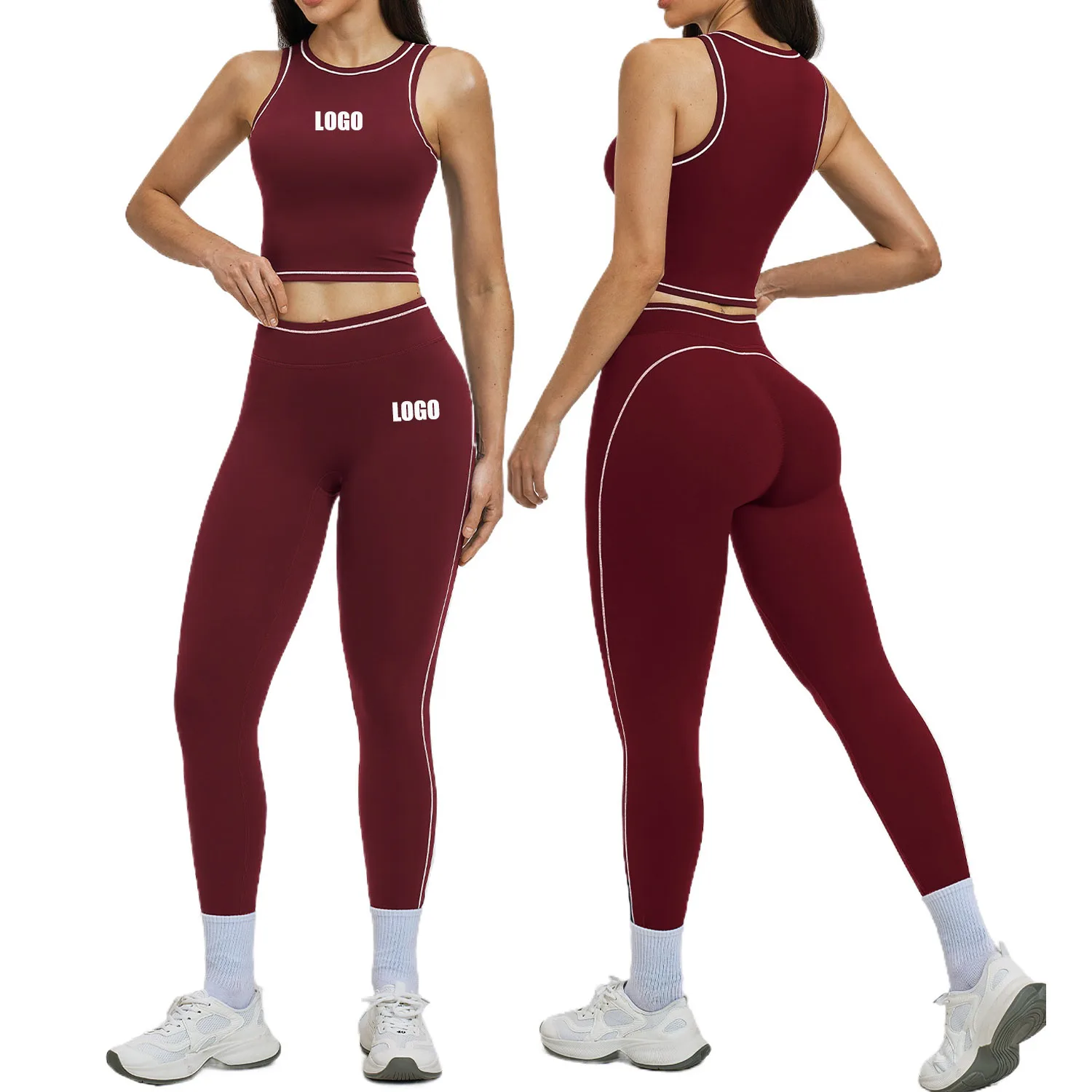 

Женский спортивный костюм с индивидуальным логотипом, весенняя новинка, контрастные цвета, облегающий, ударопрочный, для йоги, бега и фитнеса, комплект из двух предметов.