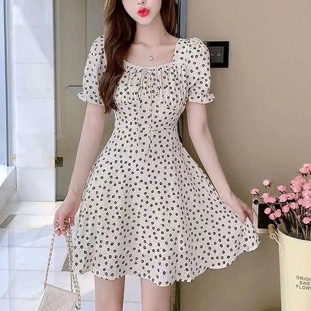 Skirt Dress Printed Puff Sleeve Slim Solid Color Temperament Womens A Line Casual Floral Microelasticity Daily