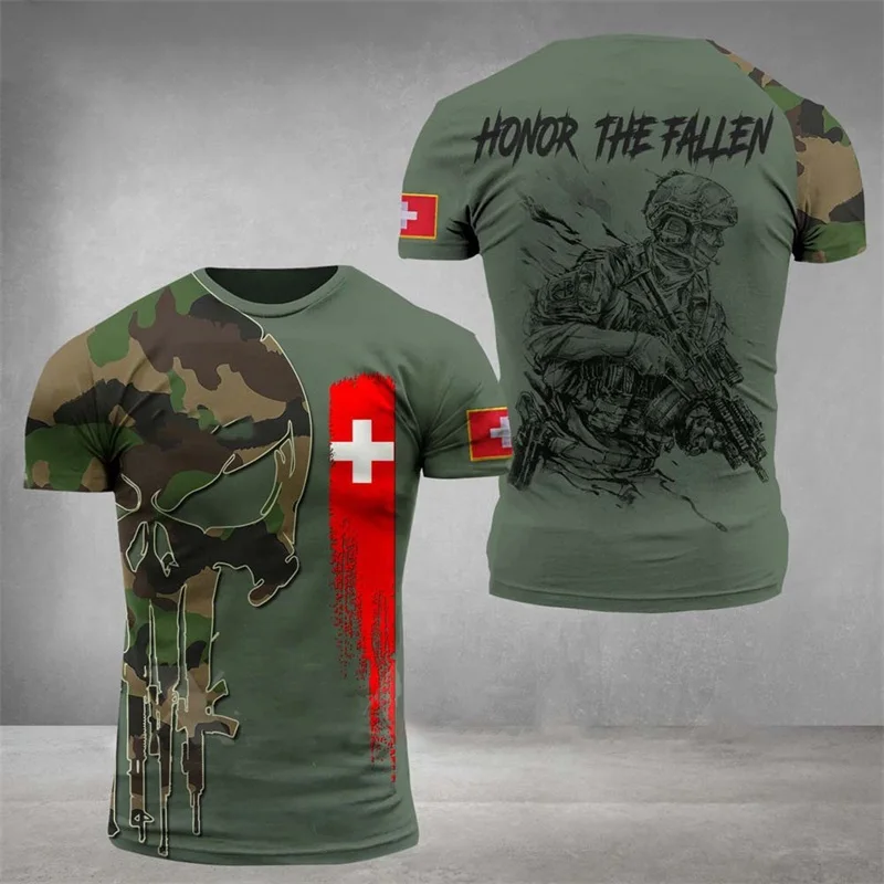 Szwajcaria las kamuflaż T Shirt mężczyźni odzież topy 3D szwajcarski godło narodowe koszulka z nadrukiem żołnierz Camo koszulki z krótkim rękawem