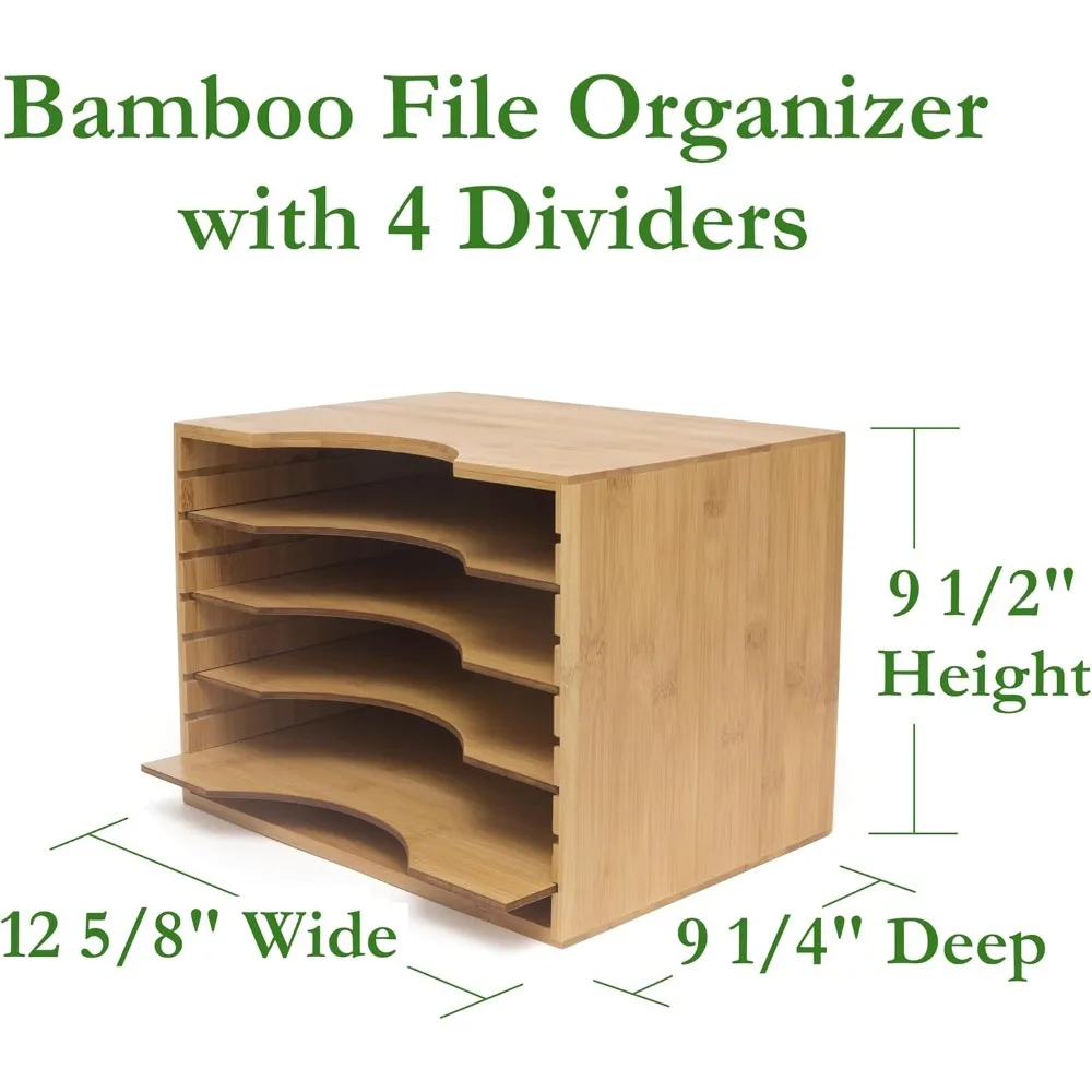 Organizzatore di file in legno di bambù con 4 divisori regolabili, archiviazione per ufficio per documenti in formato lettera