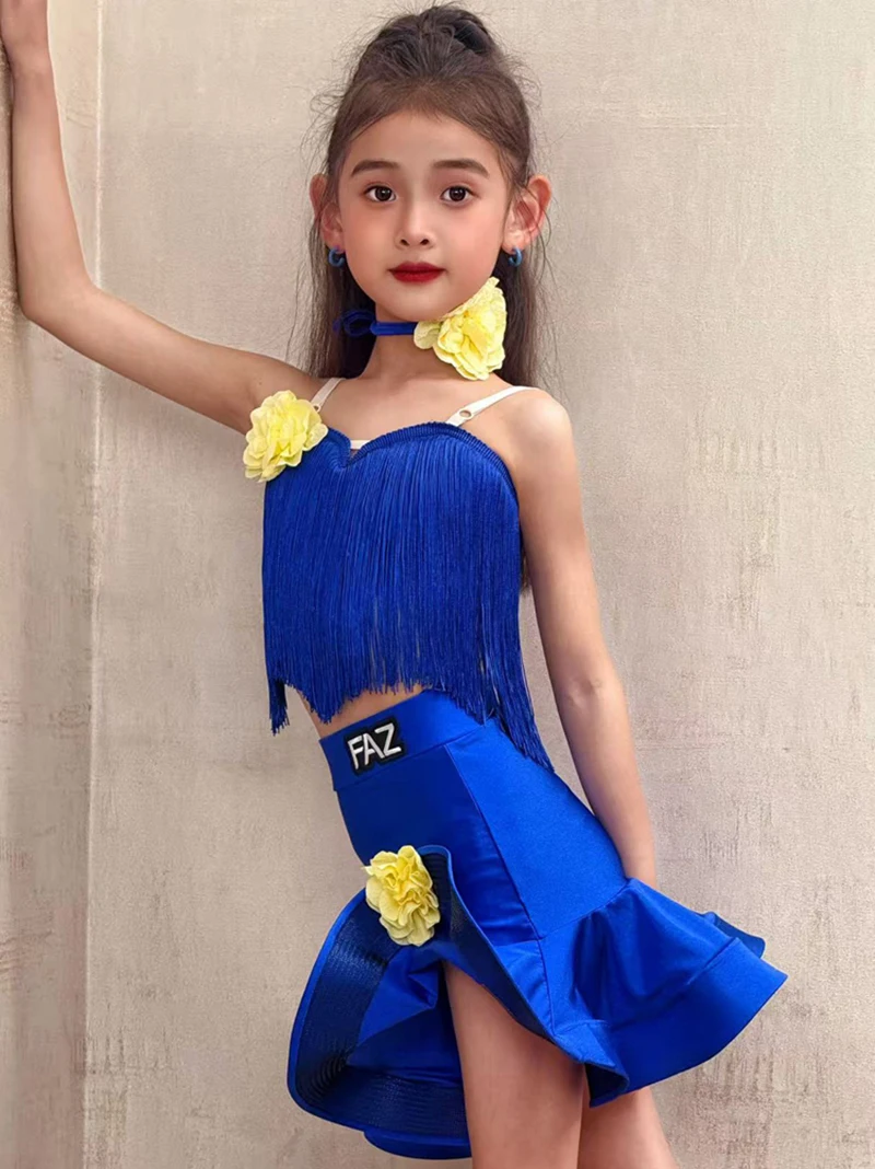 

Kids Girls Spaghetti Strap Latin Dancewear Tassels Top and Fishbone Skirts Cowboy Samba Rumba Practice Competition Dance Costume