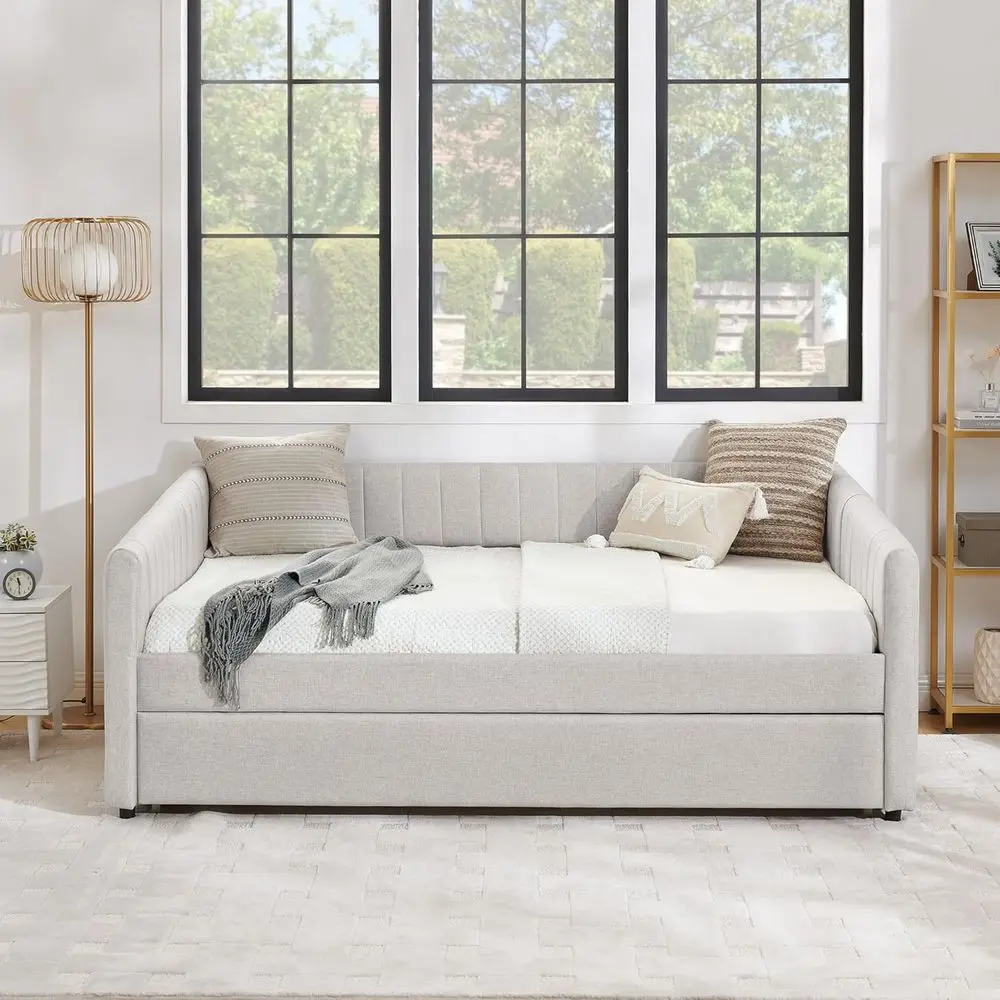 Linen Full Size Daybed with Pull-Out Trundle, Striped Upholstered Sofa Bed, Suitable for Bedroom or Living Room, No Box Spring N - view 3