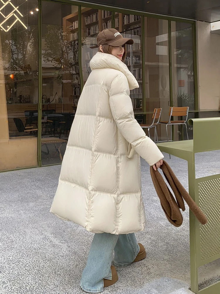 الشتاء طويلة كبيرة التلبيب نفخة أسفل سترة الإناث الدافئة رشاقته باركر أبلى المرأة الأبيض بطة أسفل فضفاضة الركبة طول أسفل سترة
