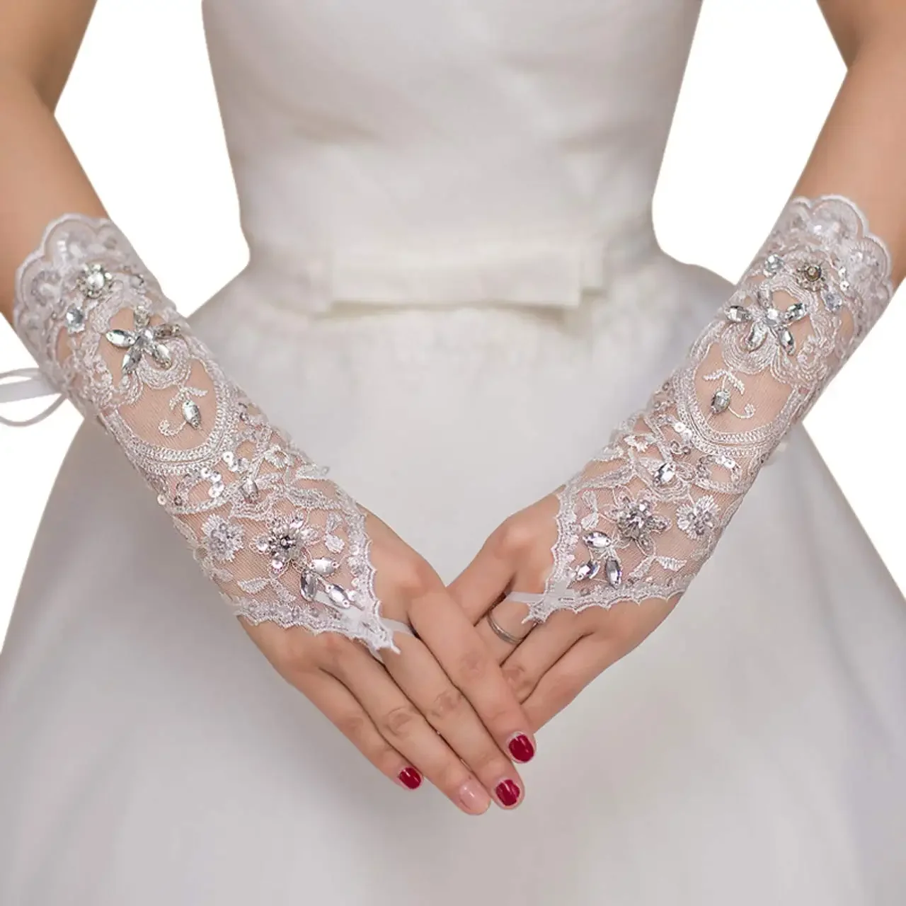 Women' Wedding Lace Gloves Bridal Fingerless Tulle Gloves Crystal Sequins Wrist Cuffs White Hook Finger Gloves