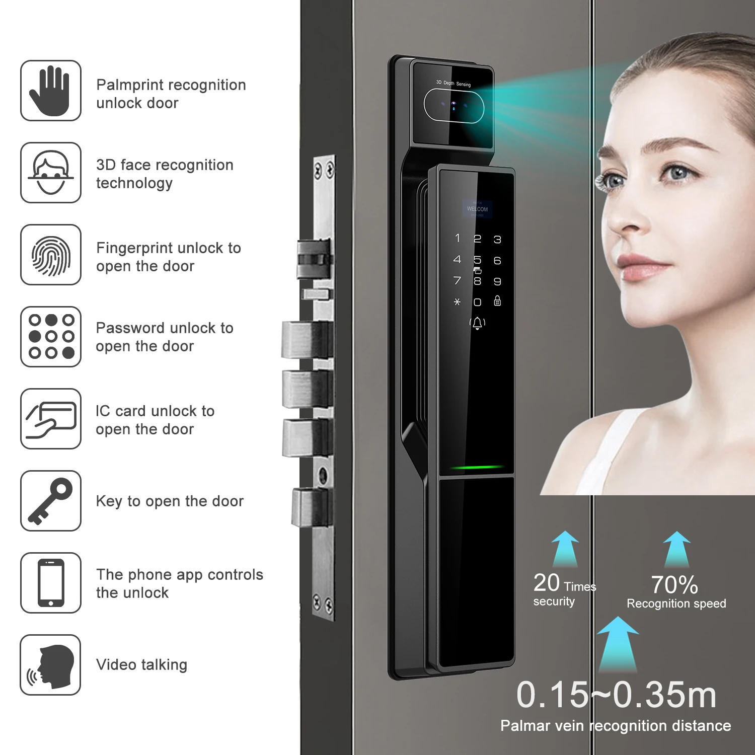External fingerprint digital 3D facial recognition electronic graffiti Wifi security smart door lock outdoor waterproof belt cam