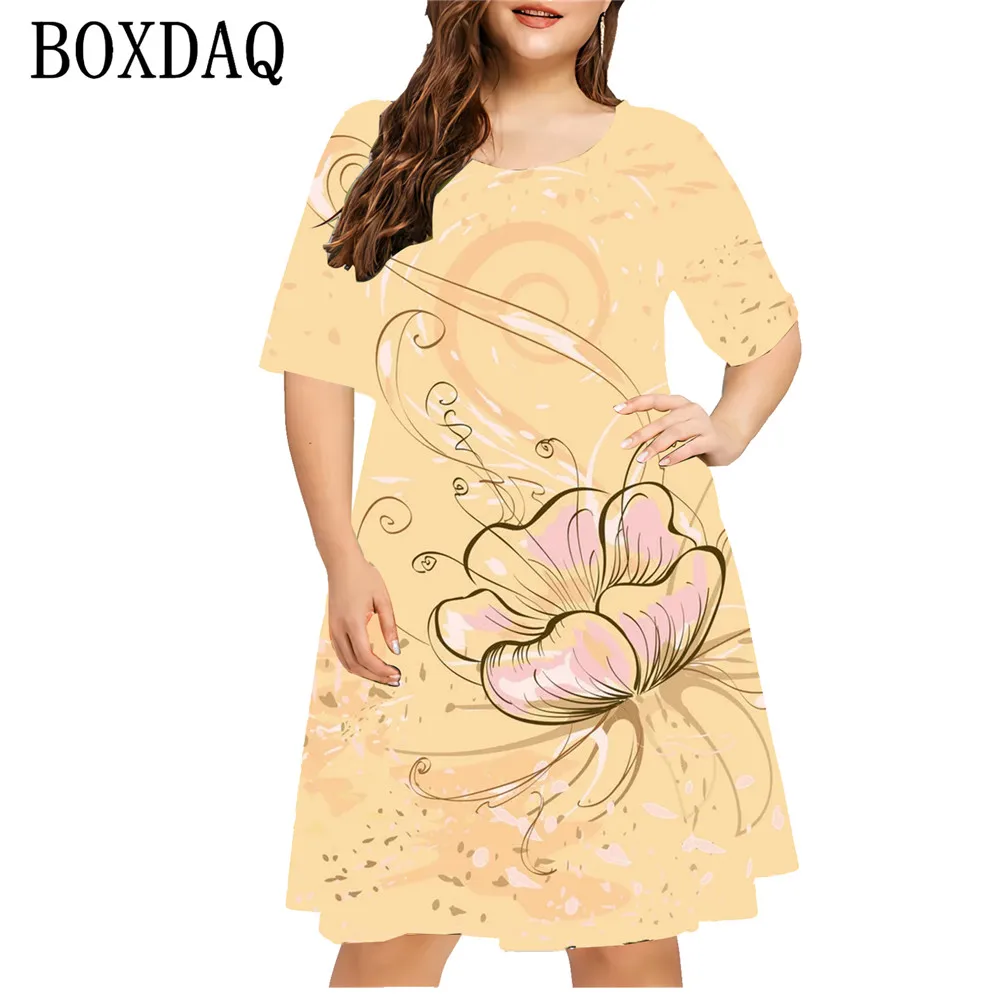 Vestido feminino colorido com padrão circular, solto na moda verão, com decote em O, manga curta, casual com estampa 3D, plus size 6XL