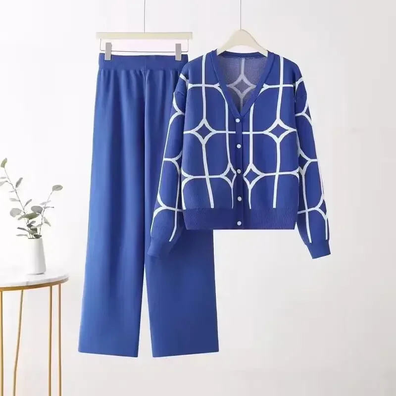 Casual Fashion Knitted Pants Suit Women Autumn Winter Printed Long-sleeved Sweater Cardigan Wide-leg Pants Women Two-piece Suit