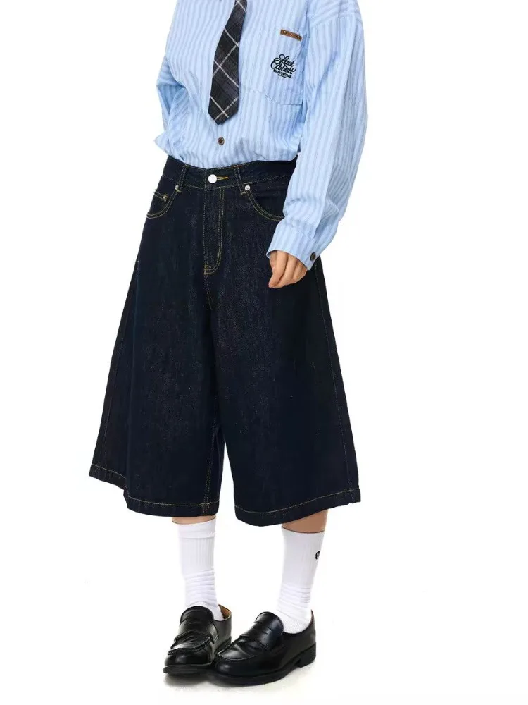 Summer Women's Multi-pocket Design Vintage Denim Shorts Young Girls 90s Fashion Calf-length Trousers Female Wide Leg Streetwear