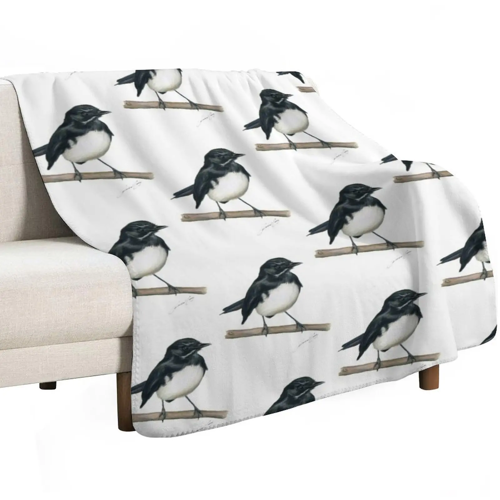 Willie Wagtail bird art with signature. Lovely little black and white bird gifts! Throw Blanket Furrys Blankets