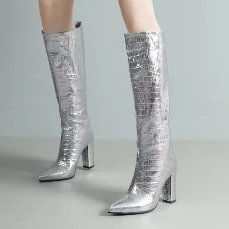 

Женские сапоги до колена золотого и серебряного цвета, зимняя обувь, новые тенденции 2024, роскошные длинные сапоги в стиле вестерн, ковбойские сапоги, брендовая обувь большого размера