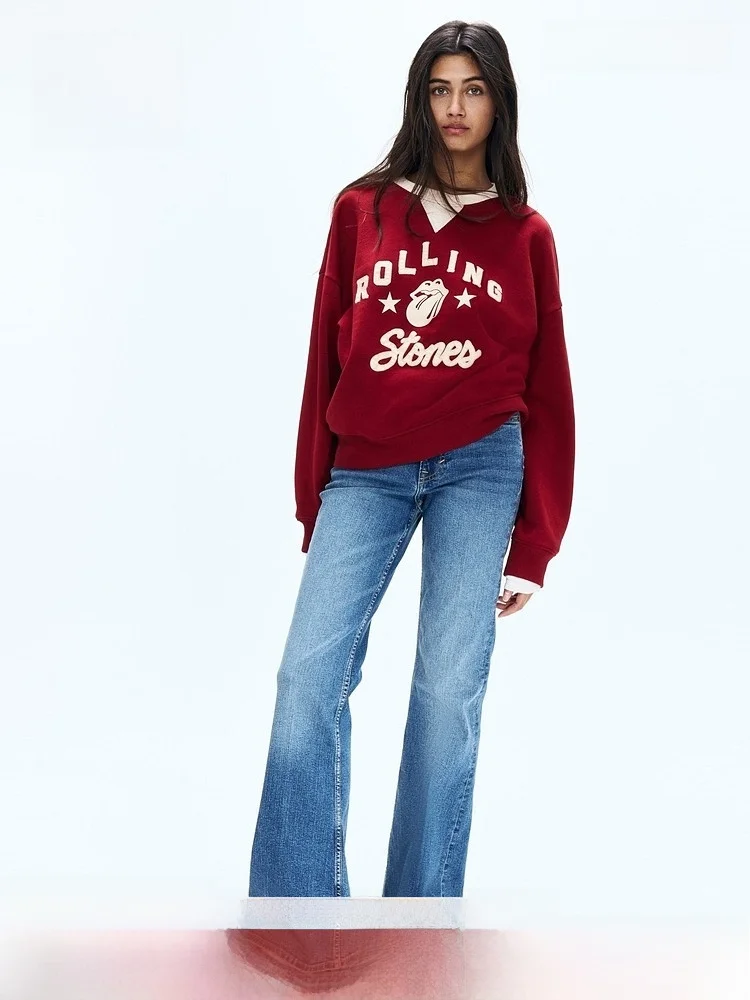 

Женская толстовка H&M, весенняя, красная, модная, простая, теплая, с узором, в американском стиле, повседневная, с длинным рукавом