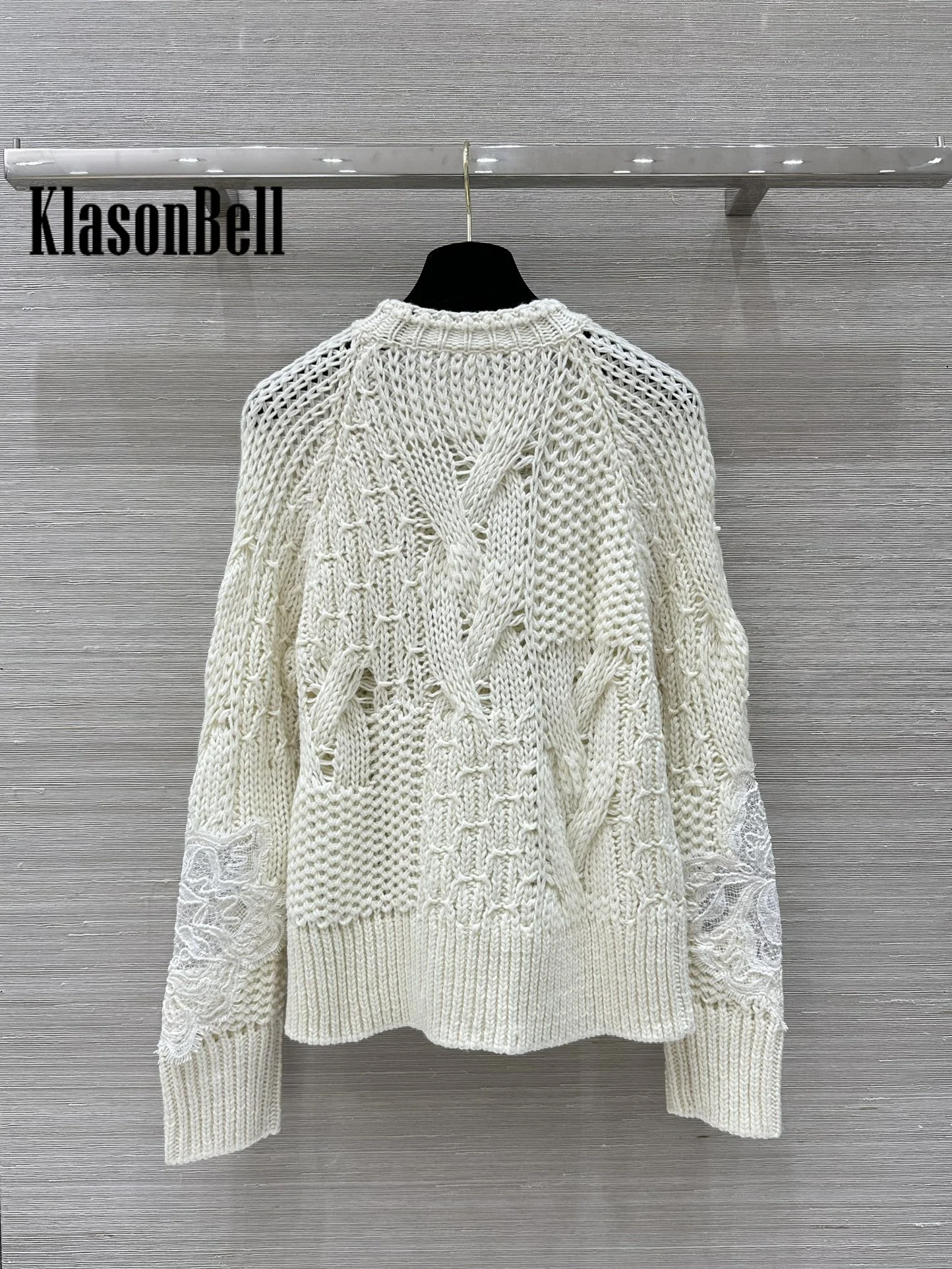 9.25 KlasonBell Women Classic Twist Lace Spliced Raglan Long Sleeve Knitwear Elegant Loose Soft Comfortable Wool Sweater