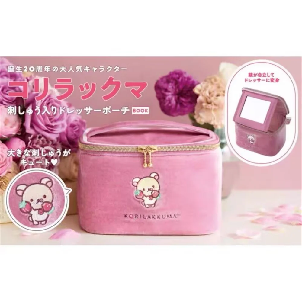 Rilakkuma Korilakkuma Bear Strawberry Pink Makeup Bag Storage Organizer With Mirror Cute Cosmetic Box Toiletry Bag Beauty Case