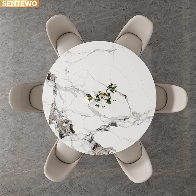 Designer Luxury round dinner Marble Rock Slab dining table set 8 chairs mesa esstisch furniture marbre Stainless steel gold base