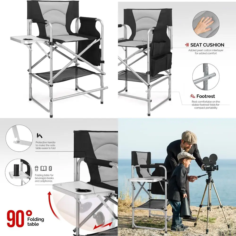

Portable Folding Counter Height Camping Chair with Side Table and Cup Holder for Makeup Artist Directors
