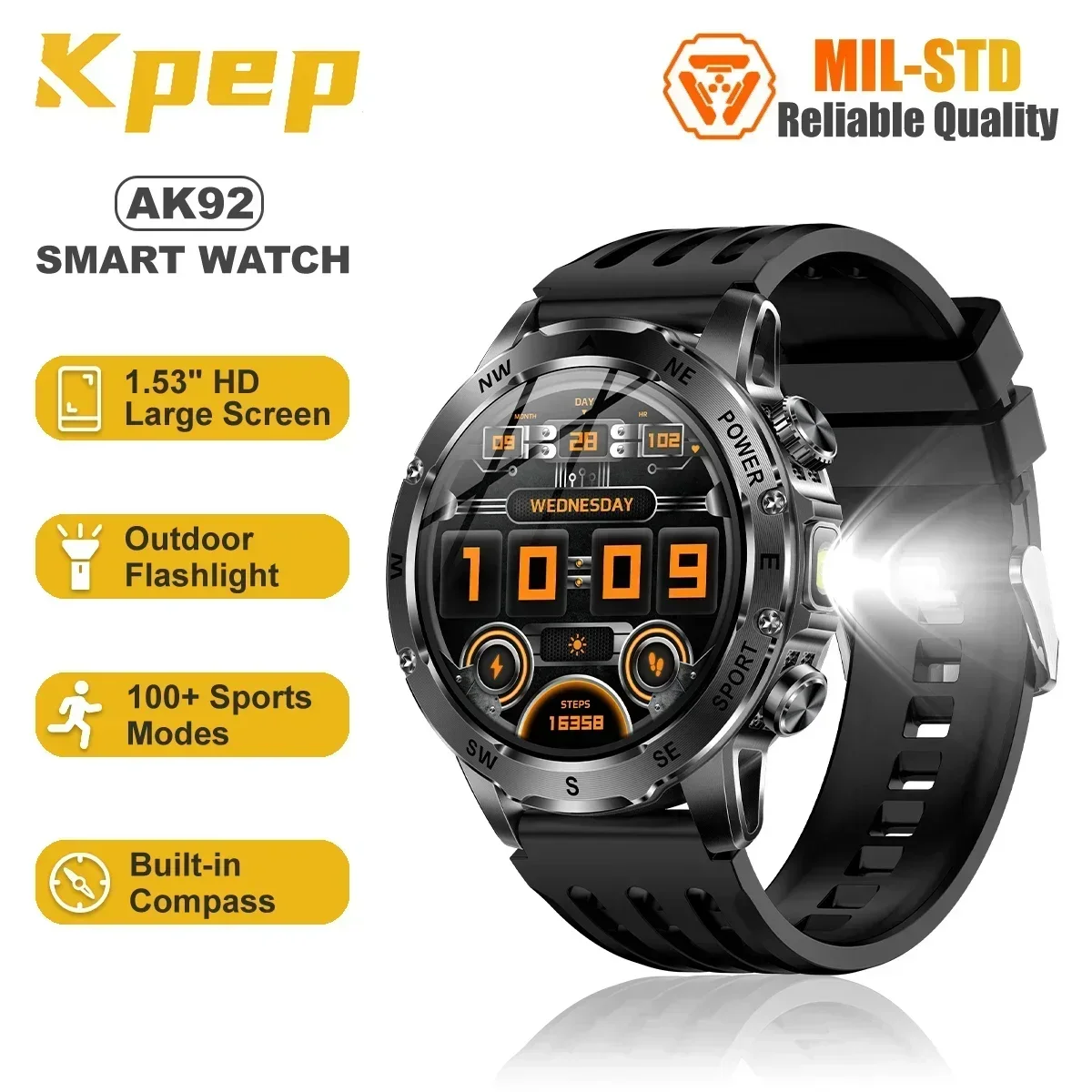 

KPEP мужские военные умные часы 1,53 "HD-дисплей 800 мАч большой аккумулятор компас светодиодный фонарик ответ/набор номера телефона 100 спортивных режимов