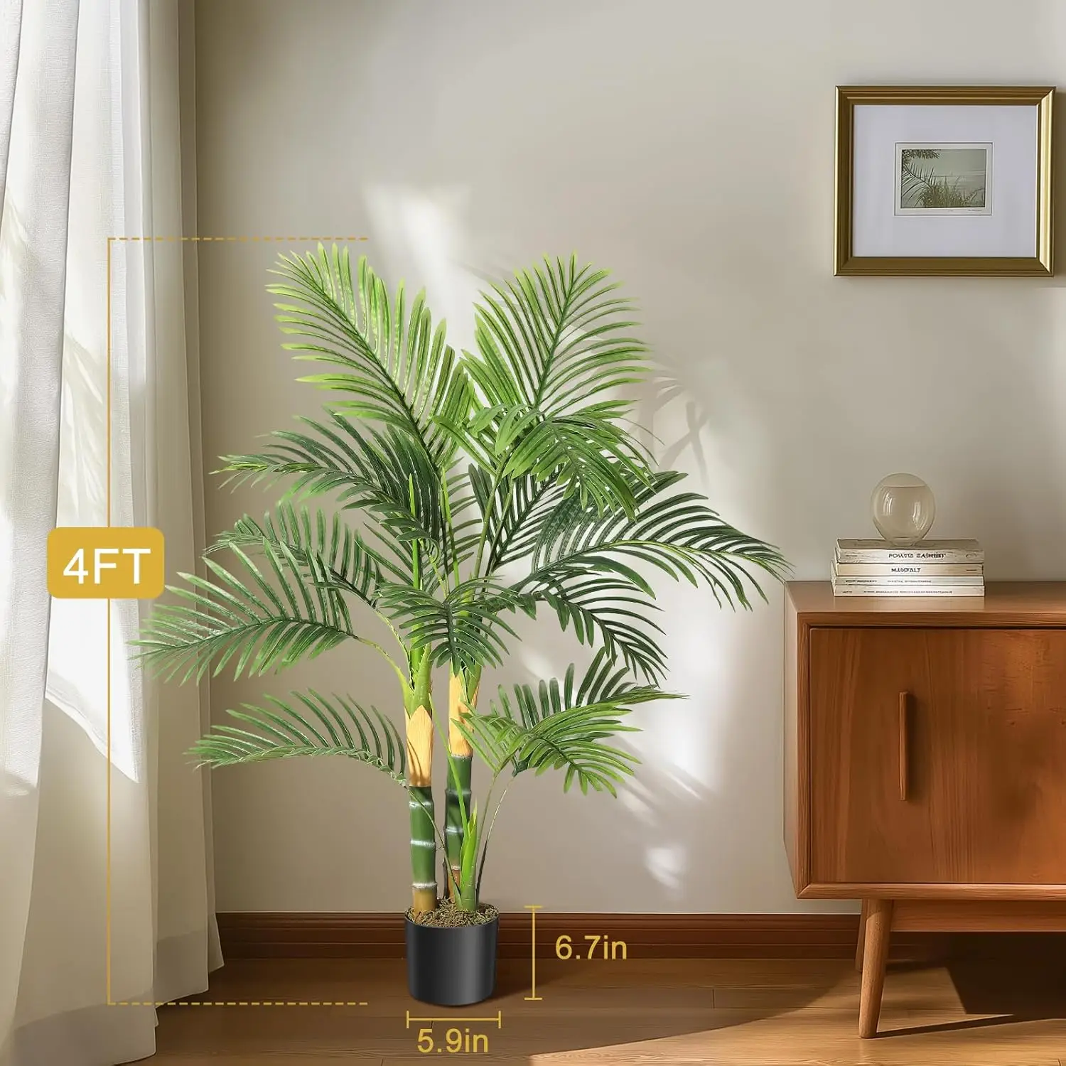 4FT Artificial Golden Cane Palm Tree, Pre Potted Tropical Palm Tree Uv Resistant Fake Plant for Home Decor,1 Pack