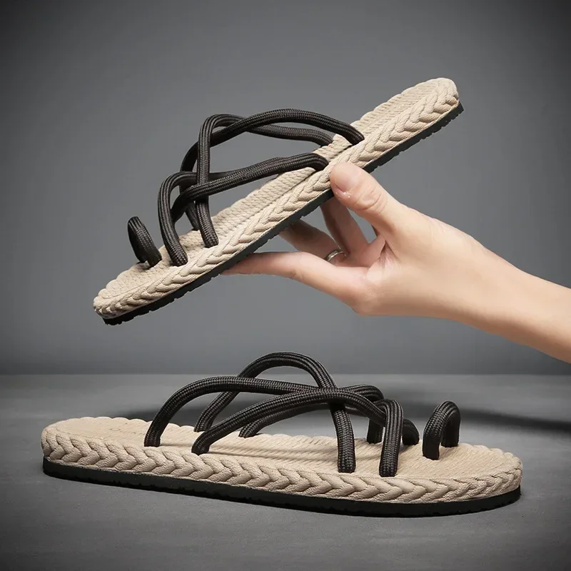 

Roman Woven Rope Flip Flops Men's New Summer Fashion Retro Lightweight Flat Bottomed Slippers Outdoor Street Casual Shoes