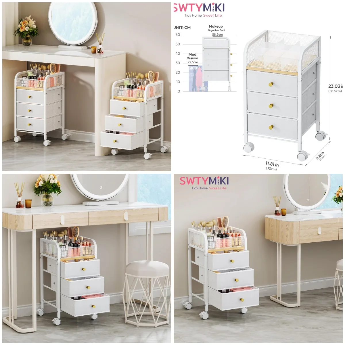 

Rolling Makeup Organizer Cart with 3 Non-Woven Drawers - Vanity Storage Cabinet for Skincare, Perfume, Nail Polish & Brushes