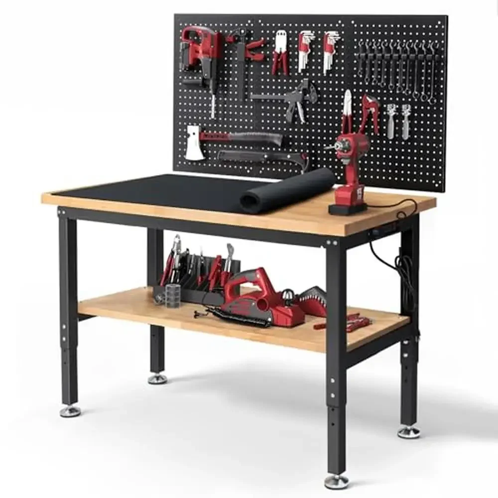 Adjustable Height 48 Inch Workbench Garage Tabletop with Power Outlets Storage Rubber Wood Top Steel Legs Heavy Duty Stable and