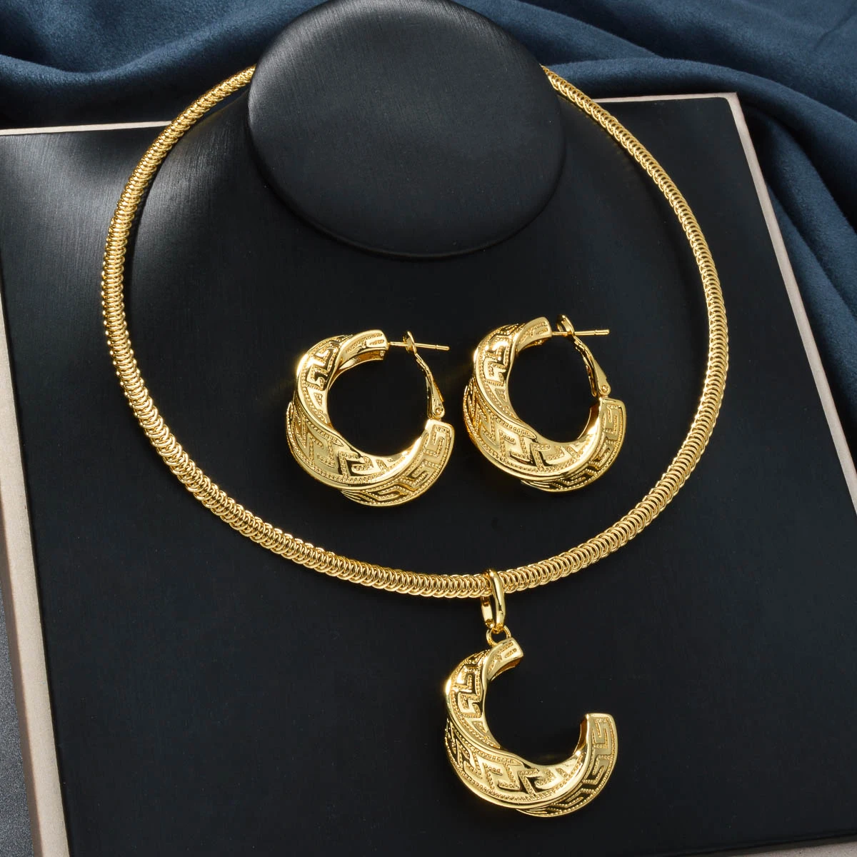 18K Gold Plated Greek Key Pattern Copper Jewelry Set Pendant Necklace C Hoop Earrings Vintage Ethnic Women Party Jewelry Gift