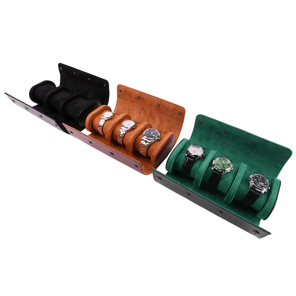 Luxury Portable 3 Slots PU Leather Watch Travel Roll Organizer Packing Leatherette Storage Case Box Packaging
