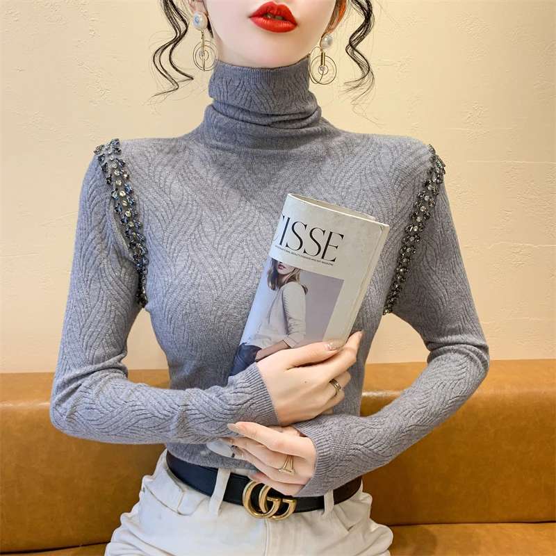 Gola alta diamante camisola de malha 2025 outono inverno manga longa pulôveres femininos topos elegante moda casual malhas