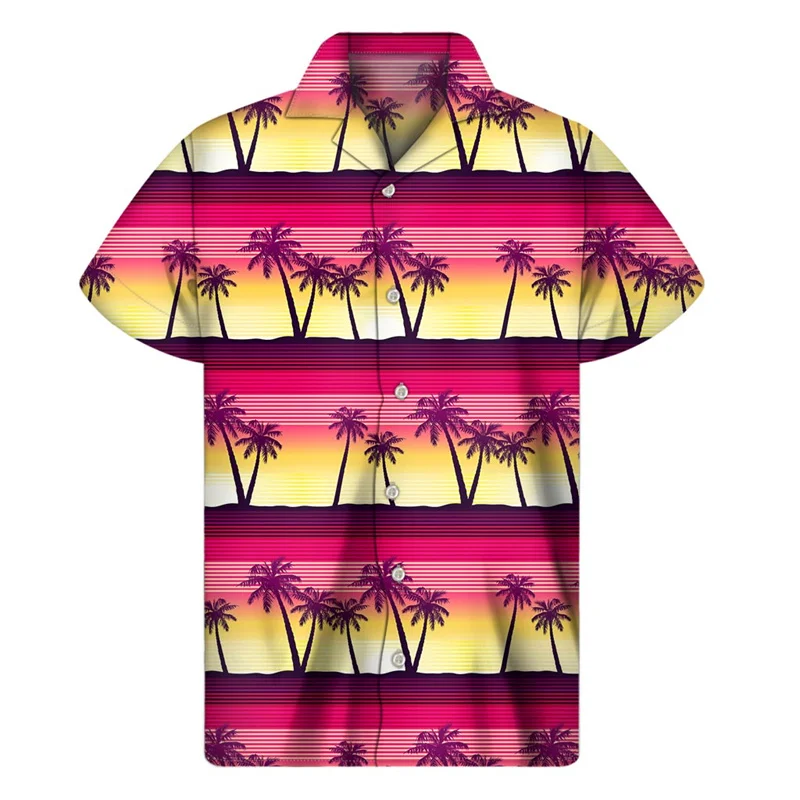 Camisa estampada 3D palmeira masculina, férias de verão, padrão de plantas tropicais, manga curta, botão havaiano, blusa lapela