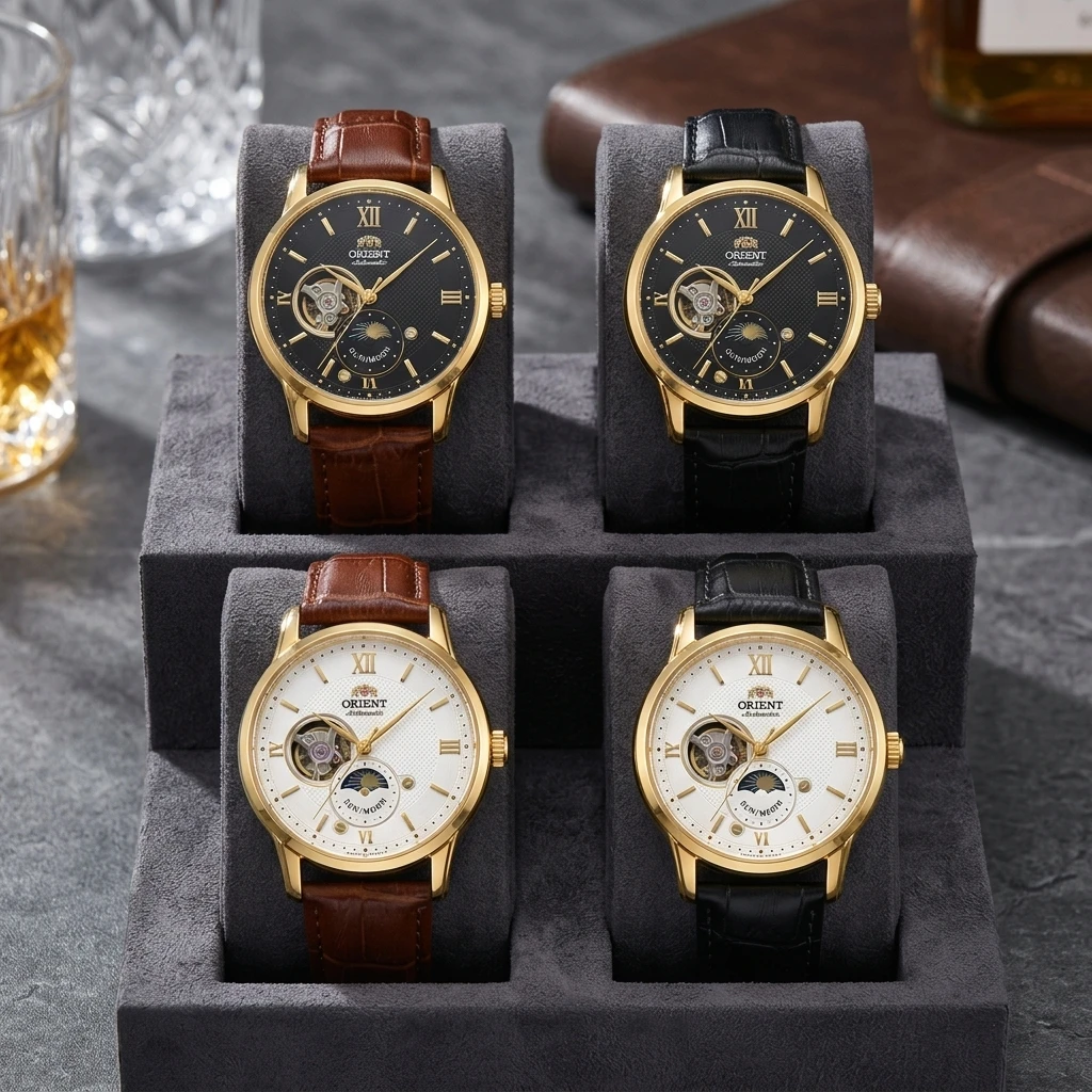 Orient Skeleton Moon Phase Men Automatic Watch Roman Numerals Leather Strap Waterproof Dress Wristwatch view 6