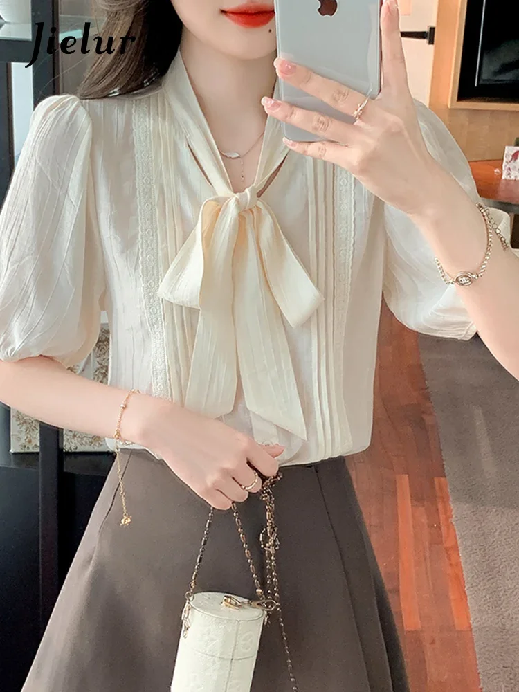 Jielur Summer New Korean Loose Women Shirt Slim Solid Color Sweet Ladies Shirt Woman Apricot Elegant V-neck Chiffon Top Female